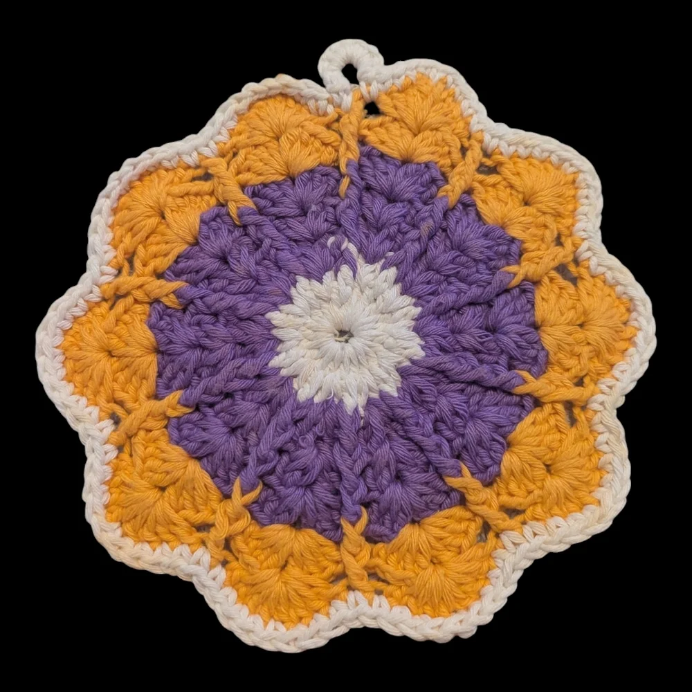 Vintage Granny Core 2 Purple Yellow White Crocheted Flower Potholders